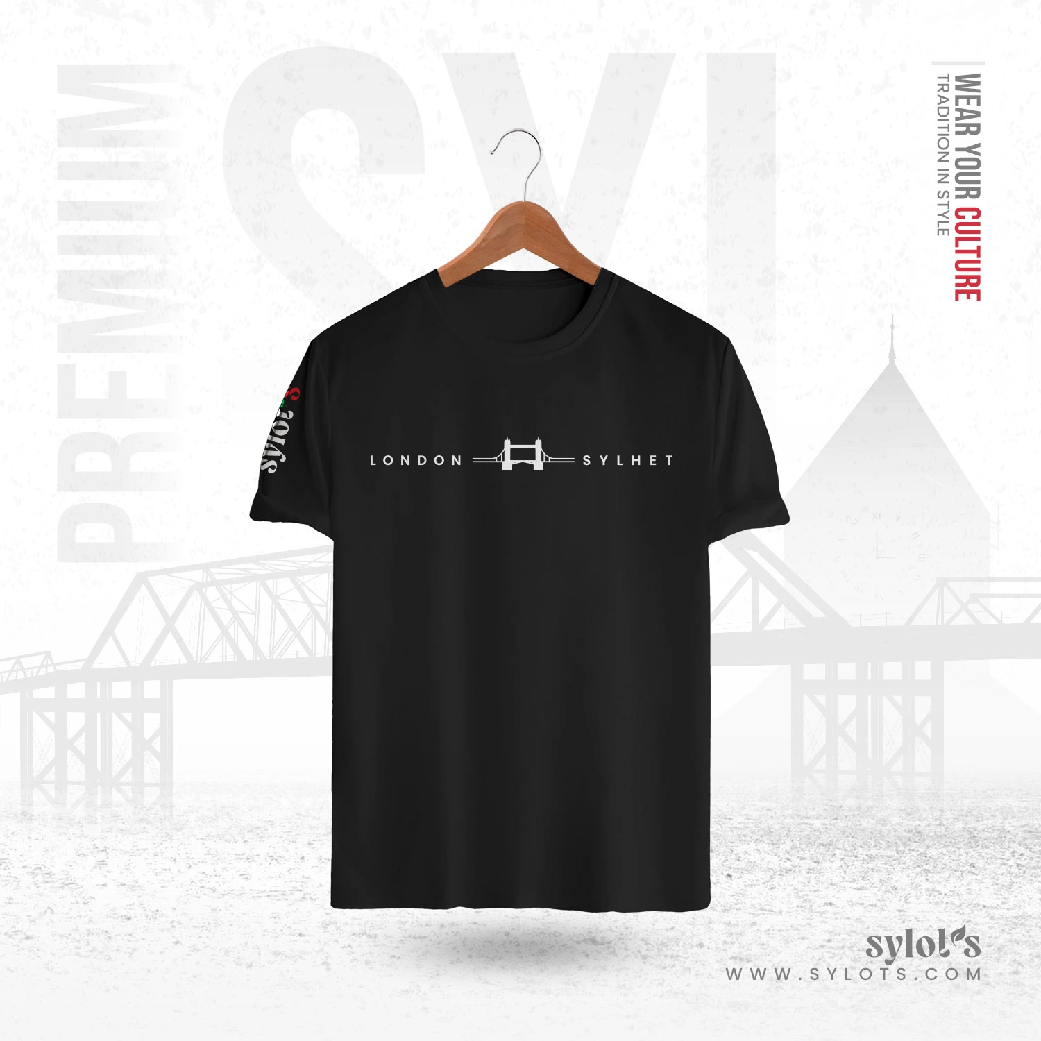 3 (1) Sylhet ~ London | Tower Bridge | Premium Black T-shirt - Image 1