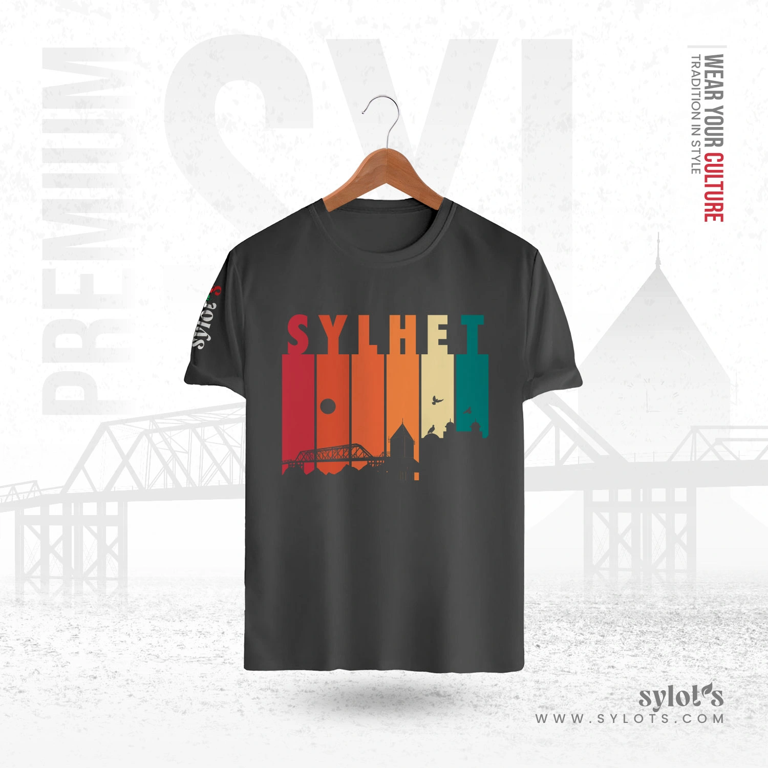 3 (5) Sylhet Skyline Retro Vintage | Premium Gray T-shirt - Image 1