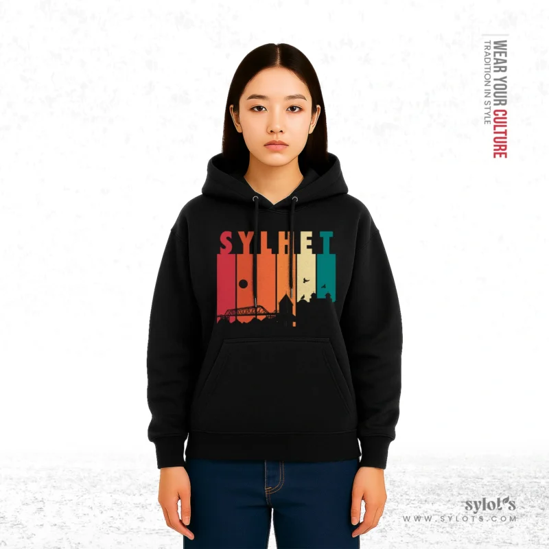 Sylhet Skyline Retro Vintage | Premium Women Black Hoodie - Image 2