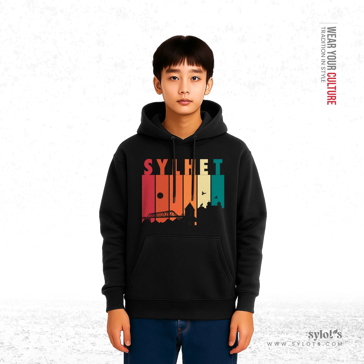 boy-02 Sylhet Skyline Retro Vintage | Personalized Premium Black Hoodie - Image 2