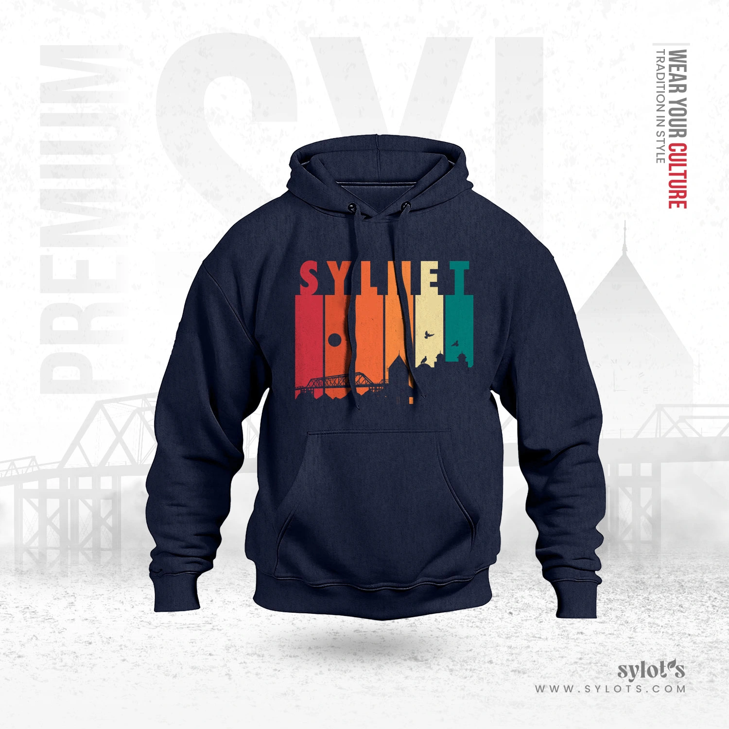 navy-01 Sylhet Skyline Retro Vintage | Premium Blue Hoodie - Image 1