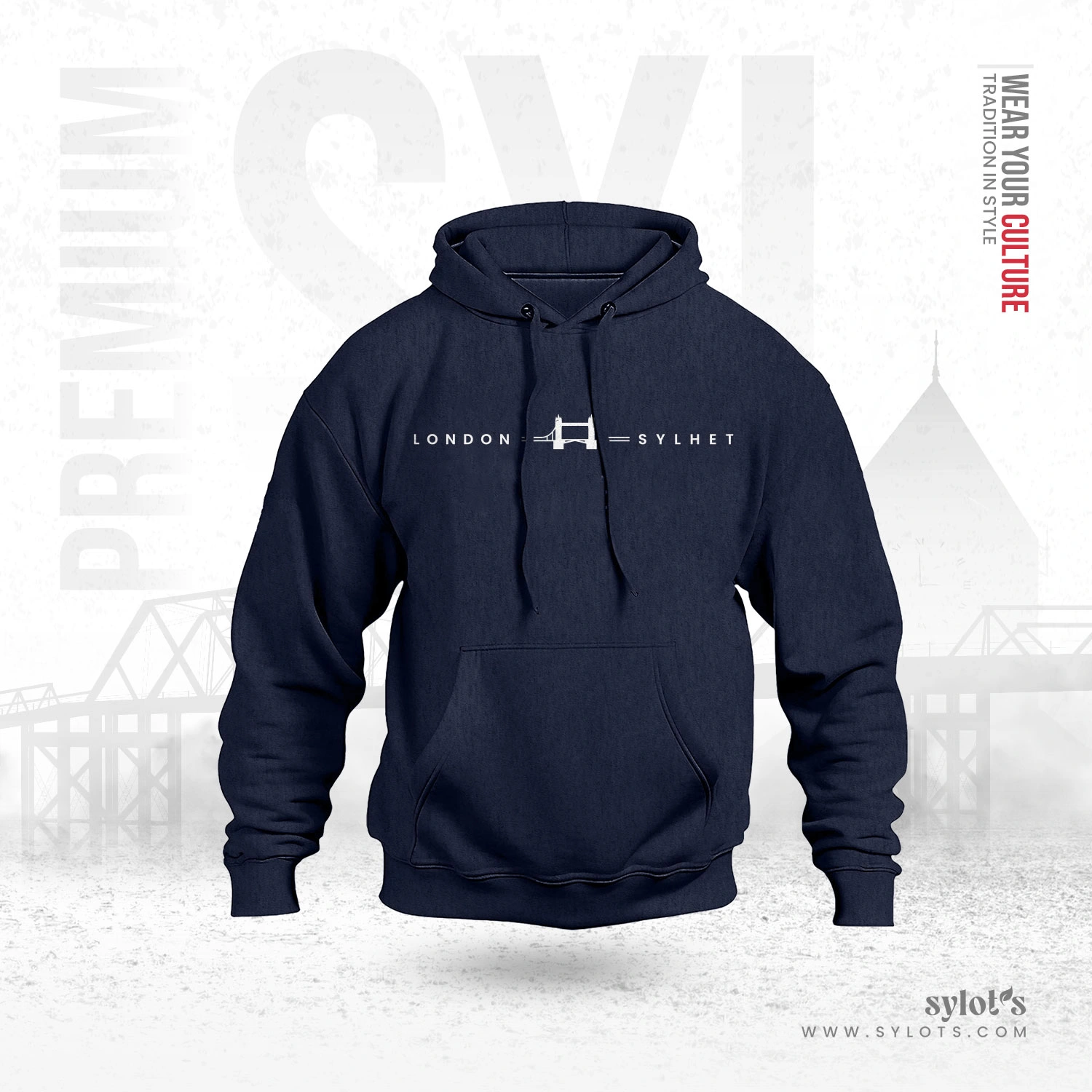 navy-07 Sylhet ~ London | Tower Bridge | Premium Blue Hoodie - Image 1