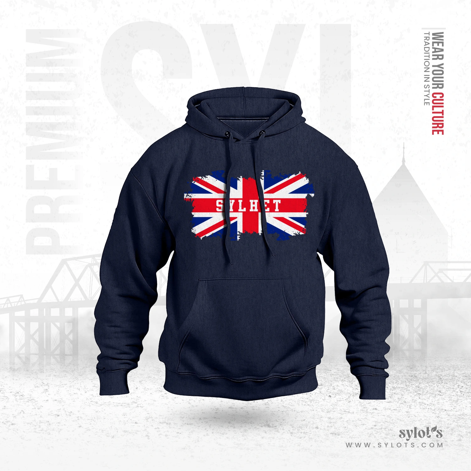 navy-08 UK Flag ~ Sylhet ~ United Kingdom | Premium Blue Hoodie - Image 1