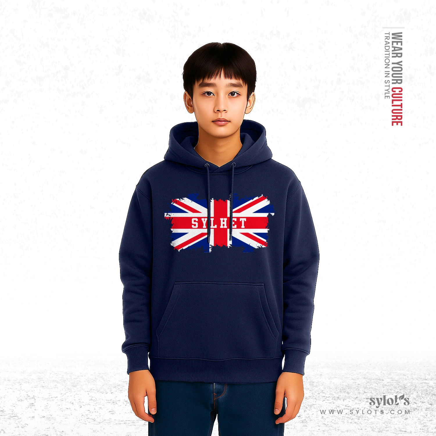 navy-boy-07 UK Flag ~ Sylhet ~ United Kingdom | Premium Blue Hoodie - Image 2
