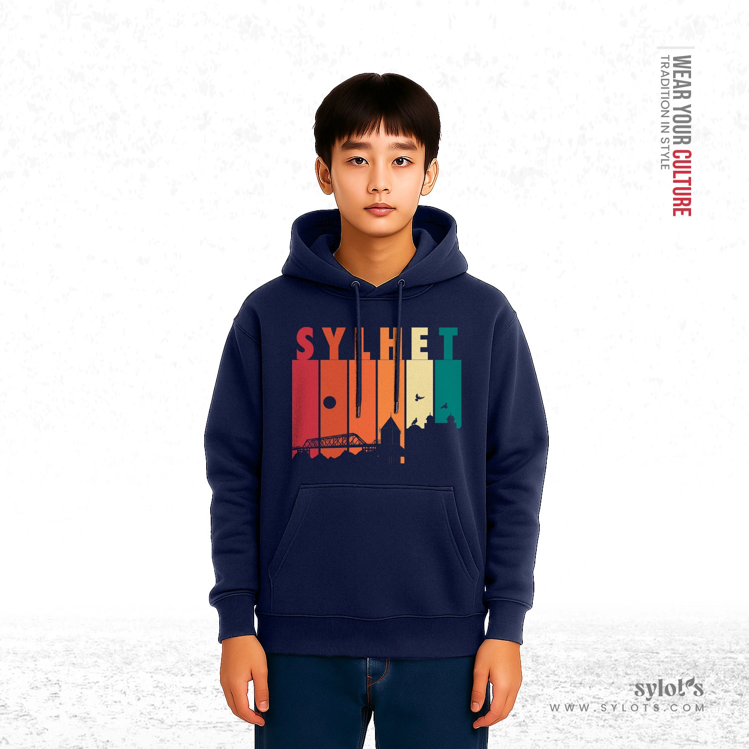 navy-boy-08 Sylhet Skyline Retro Vintage | Premium Blue Hoodie - Image 2