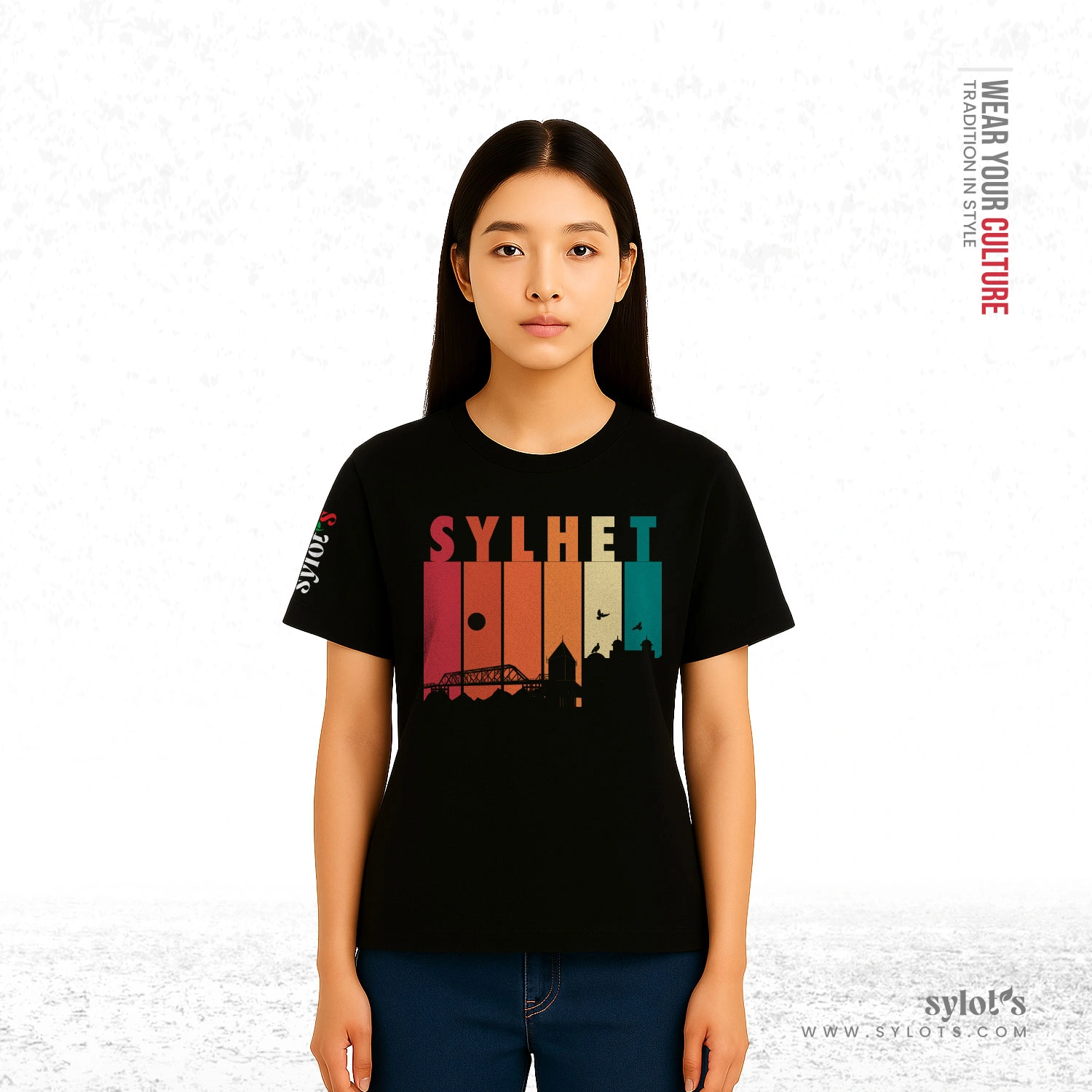 women-05 Sylhet Skyline Retro Vintage | Premium Women Black T-shirt - Image 2