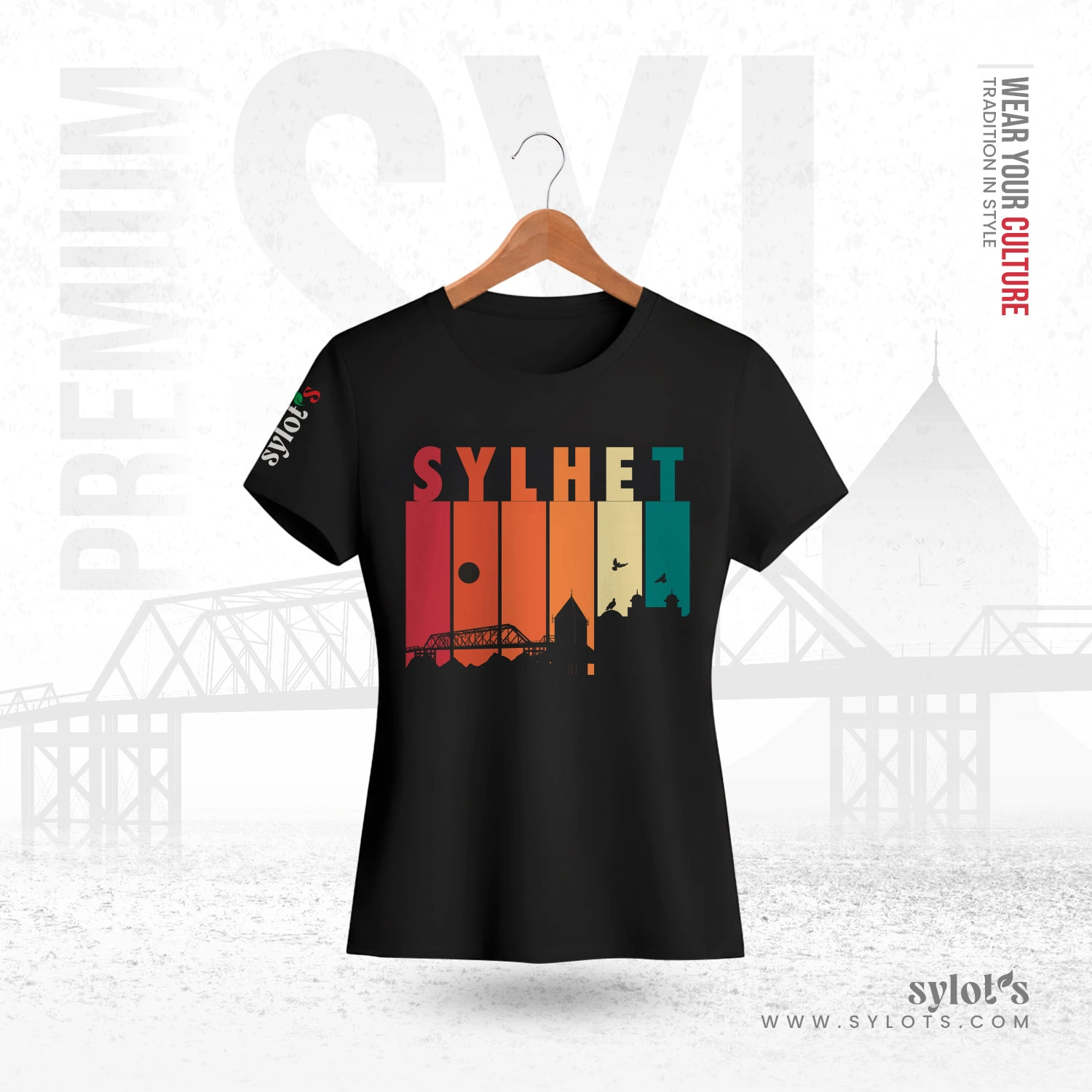 women-09 Sylhet Skyline Retro Vintage | Premium Women Black T-shirt - Image 1
