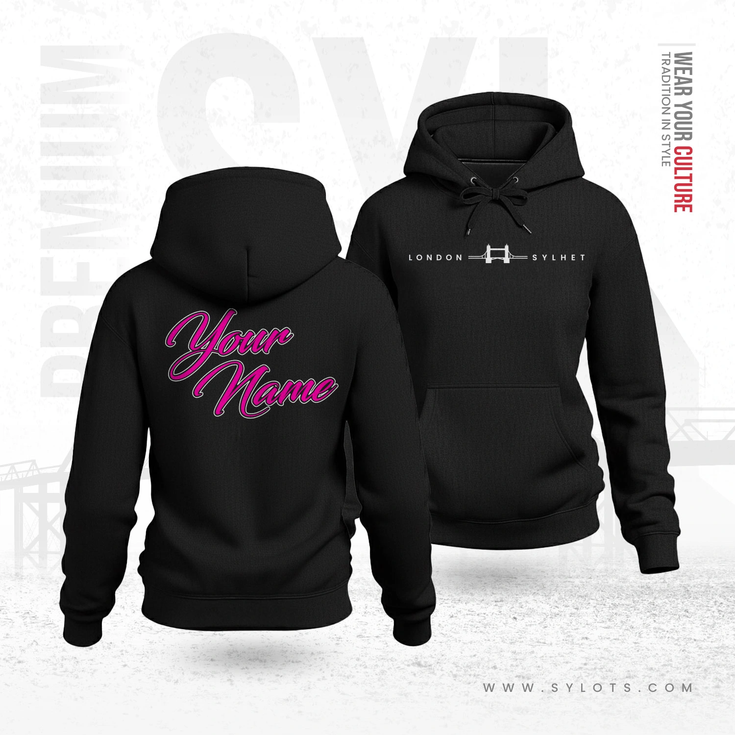 women-front-back-06 Sylhet ~ London | Tower Bridge | Personalized Premium Women Black Hoodie - Image 1